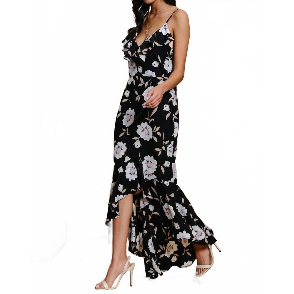 NEW ENDLESS BLU. floral ruffle hem midi dress in black/white